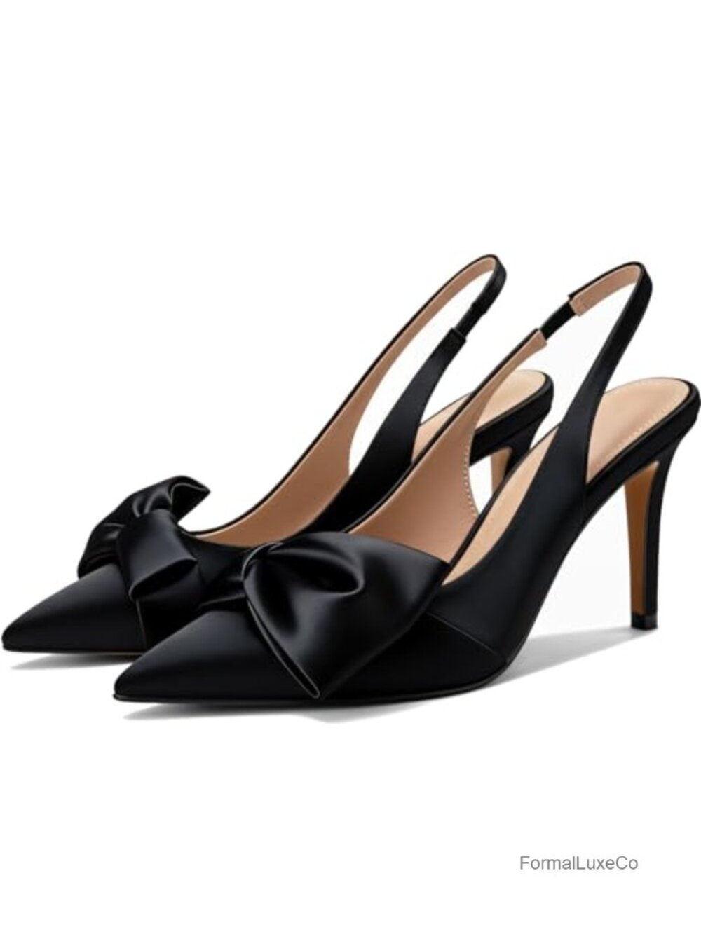 Slingback Heels with Bow Pointed Toe Pumps Elasticated Strap 3.3" High Heels